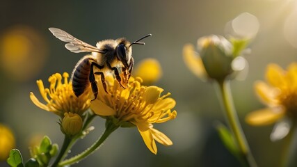 A vibrant honey bee perched on a delicate yellow blossom, surrounded by a lush and wild landscape. The warm sun of springtime illuminates the scene, highlighting the bee's intricate wings and the intr