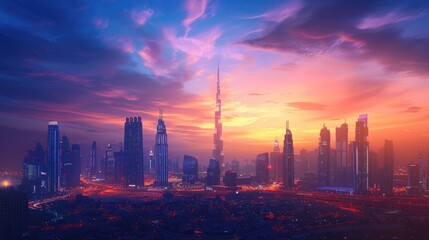 Obraz premium Stunning cityscape at sunset with skyscrapers and vibrant colors, capturing the modern urban architecture against a dramatic sky.