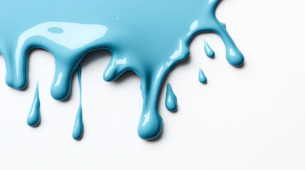 Close-up of blue paint dripping on a white surface, showing glossy textures and gradual flow patterns.