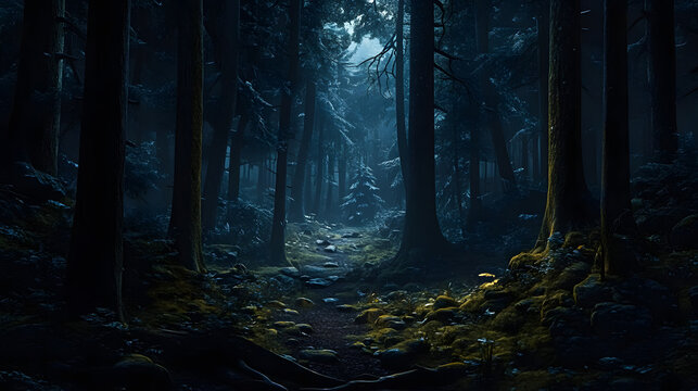 Dark and horrible night forest scenery. Neural network ai generated art