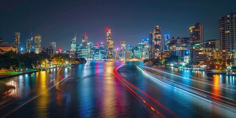 Stunning nighttime cityscape with vibrant lights reflecting on the river, showcasing the dazzling urban skyline and busy city life.