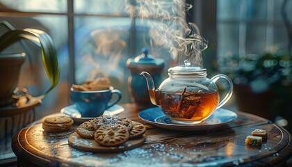 a tea pot with steam rising out of it next to a plate of cookies