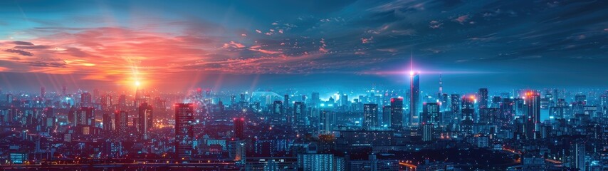 Stunning panoramic view of a city skyline at dusk, with vibrant sunset colors blending into the evening sky.
