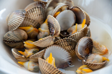 a white plate of steamed cockles