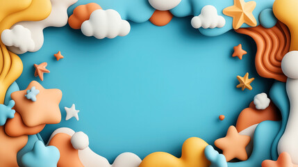 Fototapeta premium Colorful abstract background with 3D clouds and stars in a playful cartoon style. The scene features a blue sky with orange, yellow, white, and blue elements, forming a creative frame.