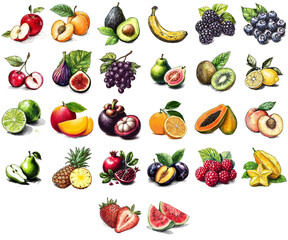 Hand-drawn bundle of 26 fruits including apples, prunes, watermelon and more, in vintage ink and watercolor style