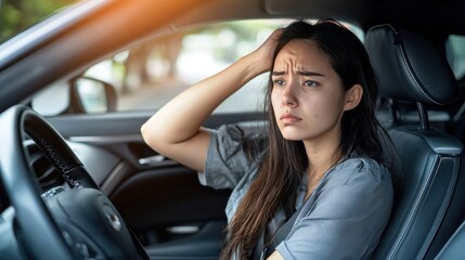 Naklejka premium A tired woman is sitting in the driver's seat of her car, with one hand on her forehead, and has a stressed expression with her eyes closed. Her face shows the stress of driving