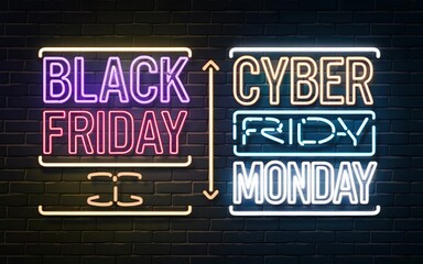 Obraz premium Neon Sign Style Black Friday & Cyber Monday Promotion on Dark Brick Wall