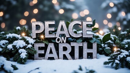 "Peace on Earth" sign in a snowy winter setting with soft lights