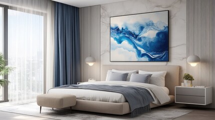 Modern bedroom with a large blue abstract painting on the wall, featuring light beige and silver tones, calming ambiance with marble accents