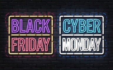 Fototapeta premium Neon Sign Style Black Friday & Cyber Monday Promotion on Dark Brick Wall