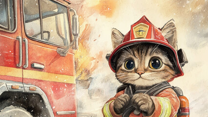 Obraz premium Little Firefighter Kitty In Front Of Fire Truck Watercolor Illustration For Childrens Book Adorable Kitten Character Wearing Firefighter Gear Fire Playful Firefighting Adventure