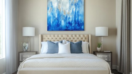 Stylish bedroom with a blue abstract painting, light beige walls, silver accents, dark beige and gold tones, calming atmosphere with recycled materials