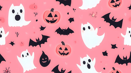 Decorative halloween patterns with ghosts, cats, bats, spiders, witch hats, jack-o'-lanterns and more in pink.