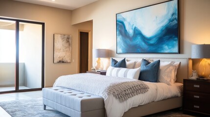 Bedroom with a large blue abstract artwork, light beige and silver tones, recycled material murals, and dark white and maroon decor, tranquil design