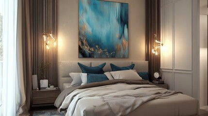 Bedroom with a large blue abstract painting, dark beige and gold decor, light beige walls, calming and elegant with recycled materials and marble