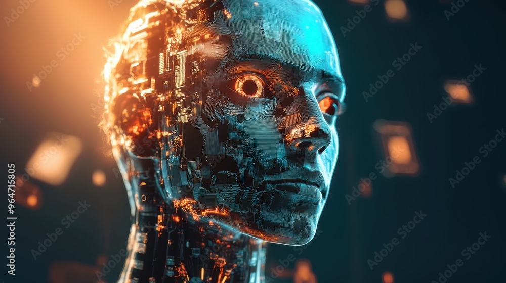 Poster close-up of a humanoid robot with glowing circuit patterns, symbolizing artificial intelligence, adv
