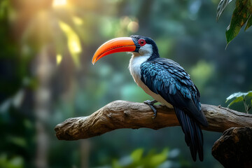 Obraz premium majestic redbilled hornbill perched on a gnarled branch vivid feathers and distinctive beak captured in photorealistic detail against a softfocus lush tropical background