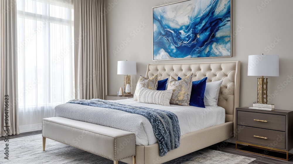 Wall mural Modern bedroom featuring a striking blue abstract artwork, light beige and silver theme, calming atmosphere with dark beige and gold decor