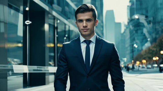 A poised young professional stands confidently in a modern city backdrop, exuding an impressive style and presence