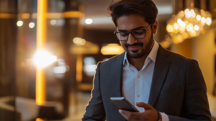 A young man engaging with his smartphone in a cozy cafe setting during the evening hours, surrounded by indoor plants