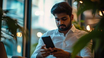 A young man engaging with his smartphone in a cozy cafe setting during the evening hours, surrounded by indoor plants