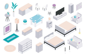 Obraz premium Furniture 3d isometric mega set in isometry graphic design. Collection elements of mirror, plant, table, carpet, floor lamp, nightstand, chest, bed, armchair, tv, chair, other. Vector illustration.