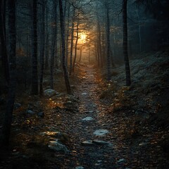 Obraz premium Bewitched forest path where trees have human faces whispering secrets, dimly lit by a fading sunset