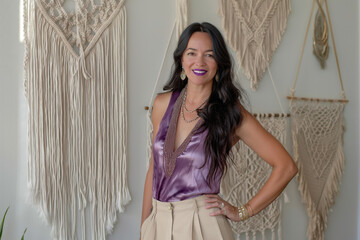 Fototapeta premium Classy woman with long black hair purple top and lipstick stands in front of a wall of white and brown tapestries. classy-woman-long-black-hair-purple-lipstick