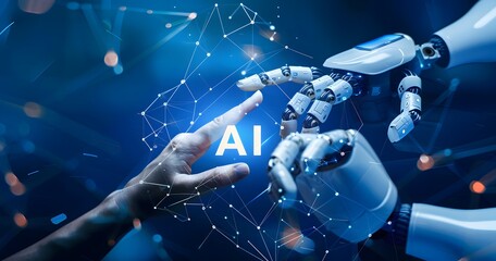 Fototapeta premium AI, Machine learning, Hands of robot and human touching on big data network connection background, Science and artificial intelligence technology, innovation and futuristic.