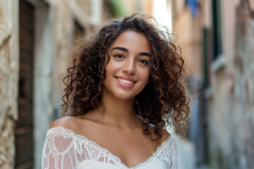 Fototapeta premium Lovely brunette woman with curly hair is smiling and wearing a white dress