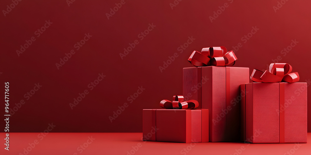 Poster Minimal product background for Christmas, New year and sale event concept. Red gift box with red ribbon bow on red background. 3d render illustration. Clipping path of each element included.