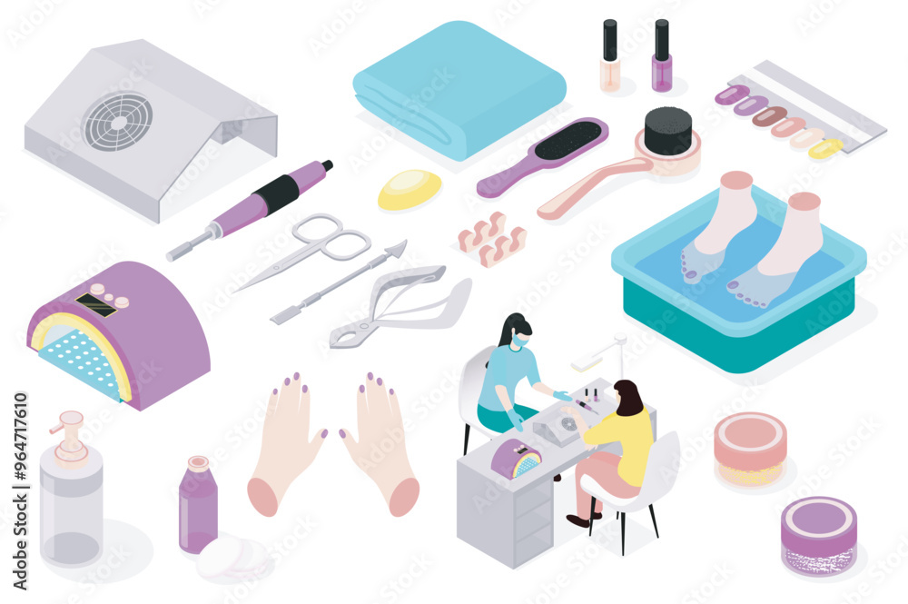 Aufkleber Manicure salon 3d isometric mega set in isometry graphic design. Collection elements of lamp, scissors, brush, towel, nail polish, color samples, hands, manicurist, other tools. Vector illustration.