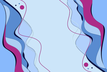 Abstract  paper cut art background  template with frame from waves in ice blue - bright pink  colors.Invitation, presentation, greeting , flyers, poster, business card blank concept. Free copy space.