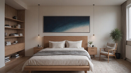 A wide rectangle empty mockup poster frame above the bed interior design background, Modern home interior image.