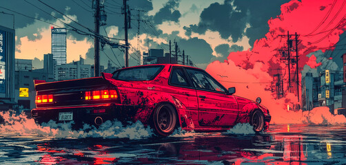 Japanese tuning car, abstract anime poster art, Generative AI.