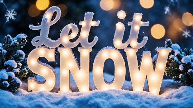 A glowing "Let it Snow" sign surrounded by snow and festive lights