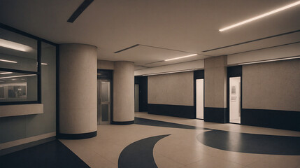 An empty walkway or substation, an empty metro station or lobby interior design image.