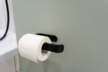 In an organized and wellarranged bathroom, a sleek black holder elegantly displays a single roll of toilet paper, ensuring that it is easily accessible for immediate use whenever needed