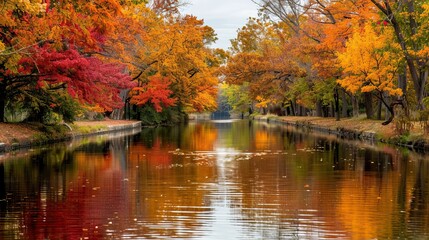 Serene Autumn Landscape with Vibrant Foliage Reflecting in Calm River Waters
