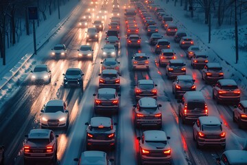 Heavy traffic jam on a snowy road during winter evening with cars stuck in icy conditions and...