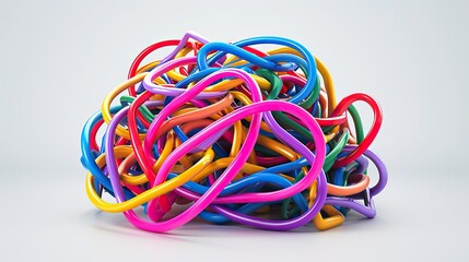 Tangled colorful wires or tubes forming an abstract shape, symbolizing complexity and chaos in vibrant colors