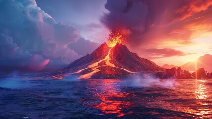 Majestic volcanic eruption with flowing lava into the ocean during a dramatic sunset, showcasing nature's power and beauty