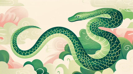 Fototapeta premium A magnificent green snake gracefully twists through swirling clouds, embodying the essence of the 2025 Chinese New Year. Greeting card, copy space.
