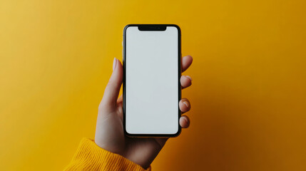 A person holding a smartphone with a blank screen against a vibrant yellow background in a bright setting