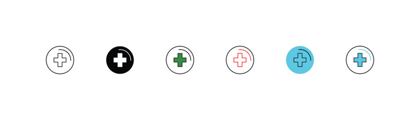 hospital,life, hospital, clinic, medicine, plus symbol design flat stroke first aid cross icon set medical health care vector illustration design. 