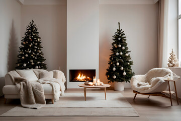 New year tree and christmas decoration in cosy light living room with sofa. AI generated.