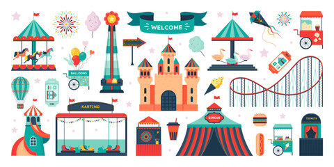 Carnival park. Circus carousel on fair. Funfair tent and rollercoaster. Kid tickets and tent on attractions. Ferris wheel. Merry-go-round and popcorn cart. Vector fairground elements set © SpicyTruffel