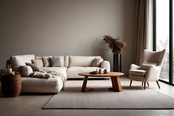 Modern interior of cosy living room with sofa in white and creamy colors. AI generated.	