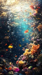 Vibrant underwater scene showcasing colorful coral reefs and diverse marine life in a serene ocean environment.